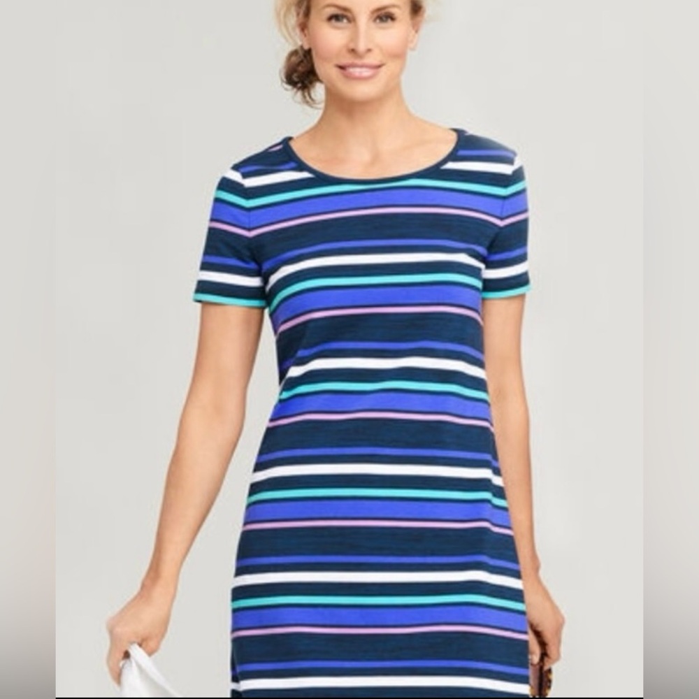 TALBOTS RUCHED DRAWSTRING BACK T-SHIRT DRESS - STRIPE.